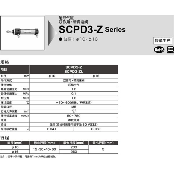 CKD喜開理筆形氣缸SCPD3-ZL-00-10-200-T5H-T-Y