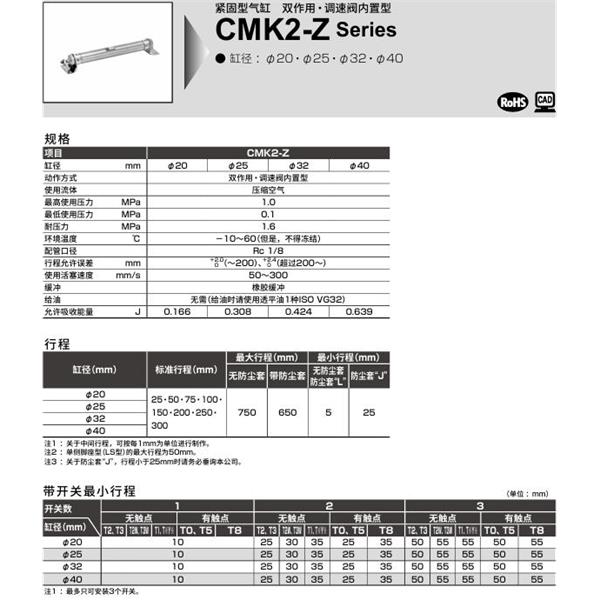 CKD喜開(kāi)理緊固型氣缸CMK2-Z-CA-20-100-JI
